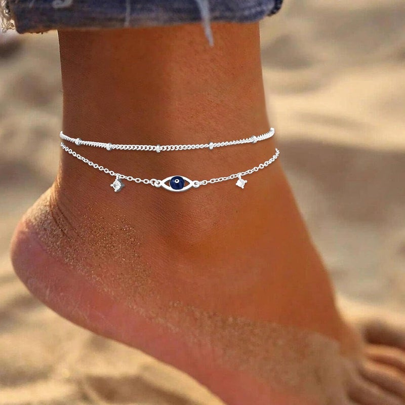 Poxtex Sterling Silver Anklet Bracelets for Women Waterproof, 925 Sliver Plated CZ & Heart Charm Dainty Layer Anklets for Women Trendy, Simple Chain Anklets Set Gifts for Women, Mother Day Jewelry Gifts for Her Women Mom Wife Girlfriend - Image 3